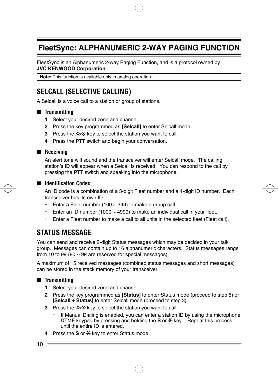 Fleetsync: alphanumeric 2-way paging function, Selcall (selective calling), Status message | Kenwood NX-720GE User Manual | Page 14 / 23