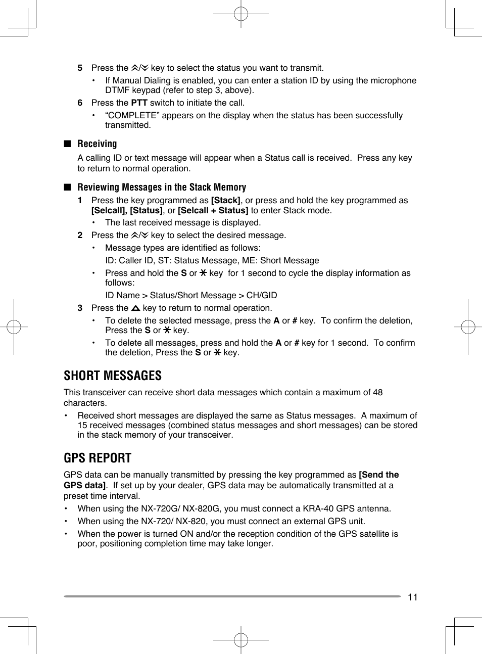 Short messages, Gps report | Kenwood NX-720GE User Manual | Page 15 / 23