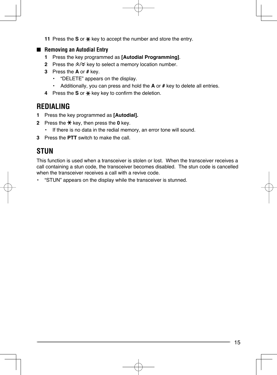 Redialing, Stun | Kenwood NX-720GE User Manual | Page 19 / 23