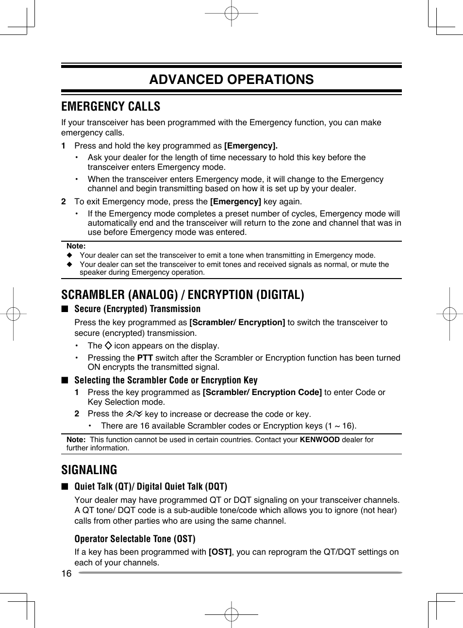 Advanced operations, Emergency calls, Scrambler (analog) / encryption (digital) | Signaling | Kenwood NX-720GE User Manual | Page 20 / 23