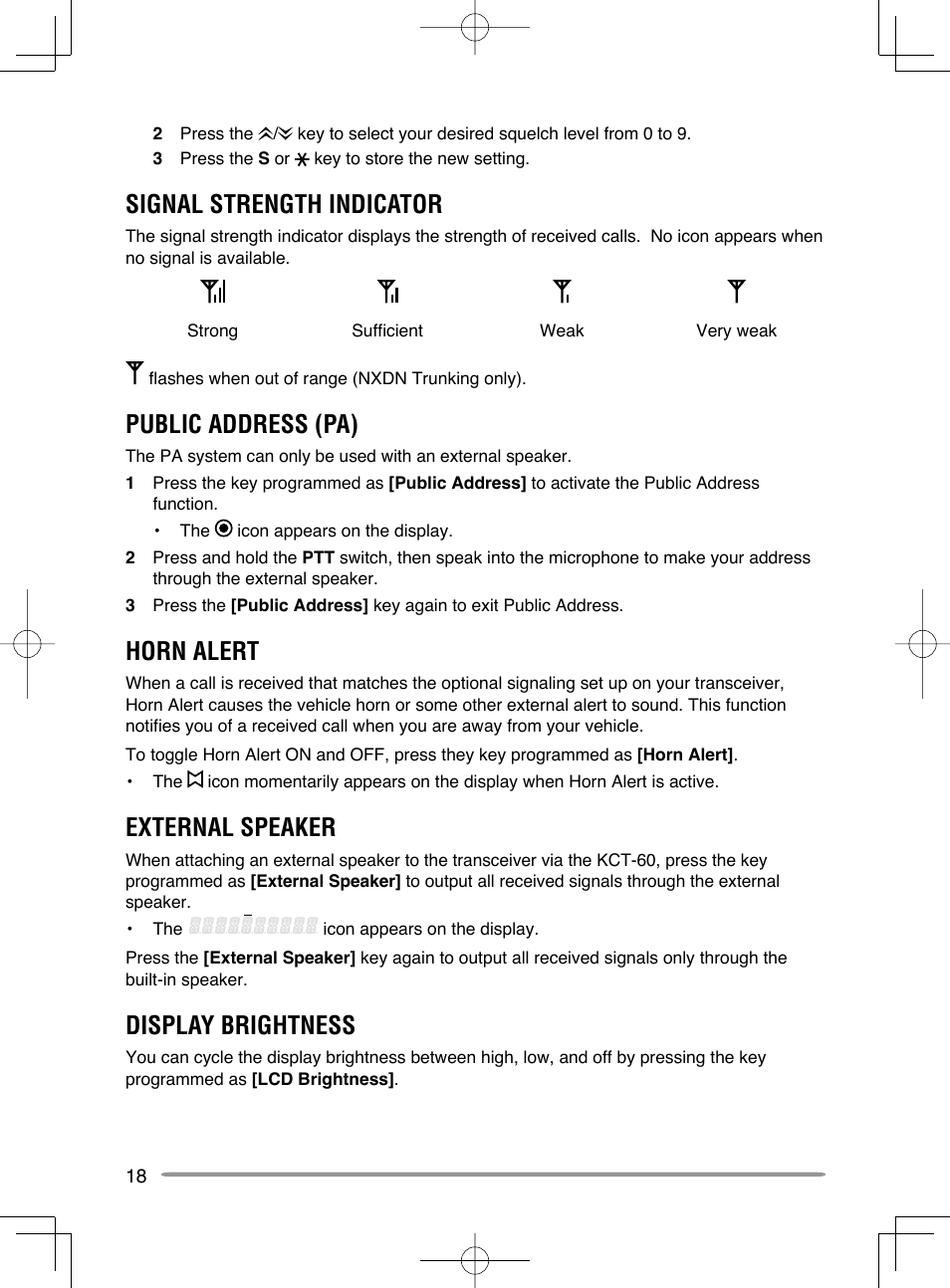 Signal strength indicator, Public address (pa), Horn alert | External speaker, Display brightness | Kenwood NX-720GE User Manual | Page 22 / 23