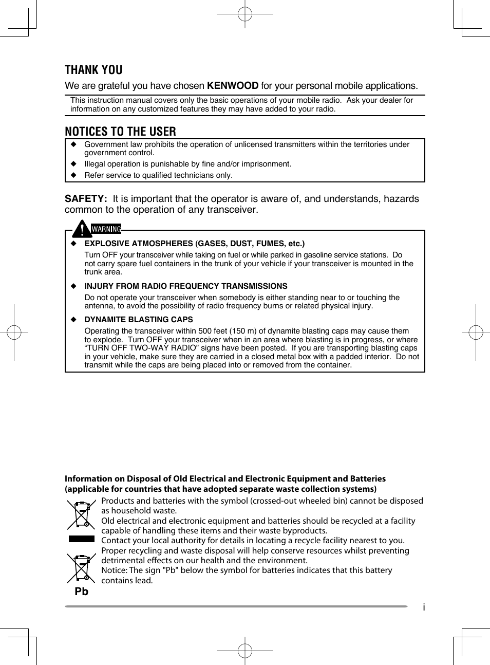 Notices to the user | Kenwood NX-720GE User Manual | Page 3 / 23