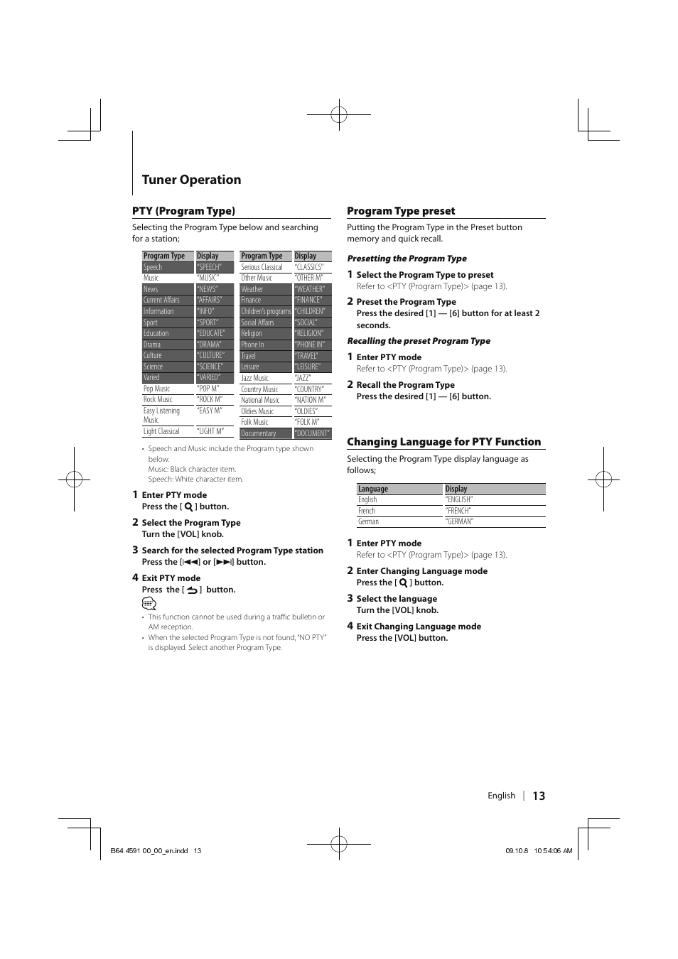 Tuner operation | Kenwood KDC-314AM User Manual | Page 13 / 24