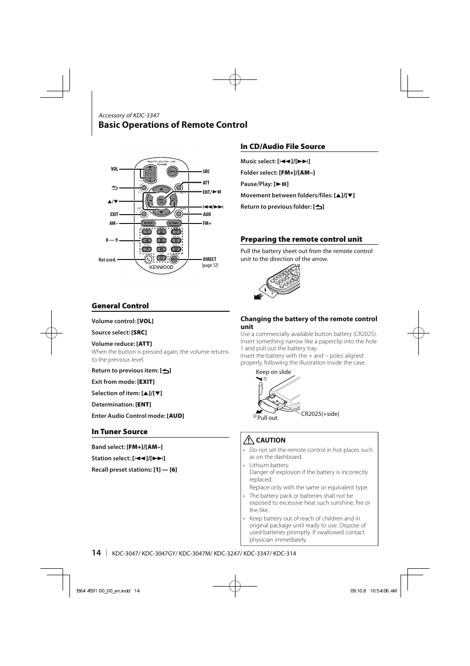 Basic operations of remote control, General control, Preparing the remote control unit | Kenwood KDC-314AM User Manual | Page 14 / 24
