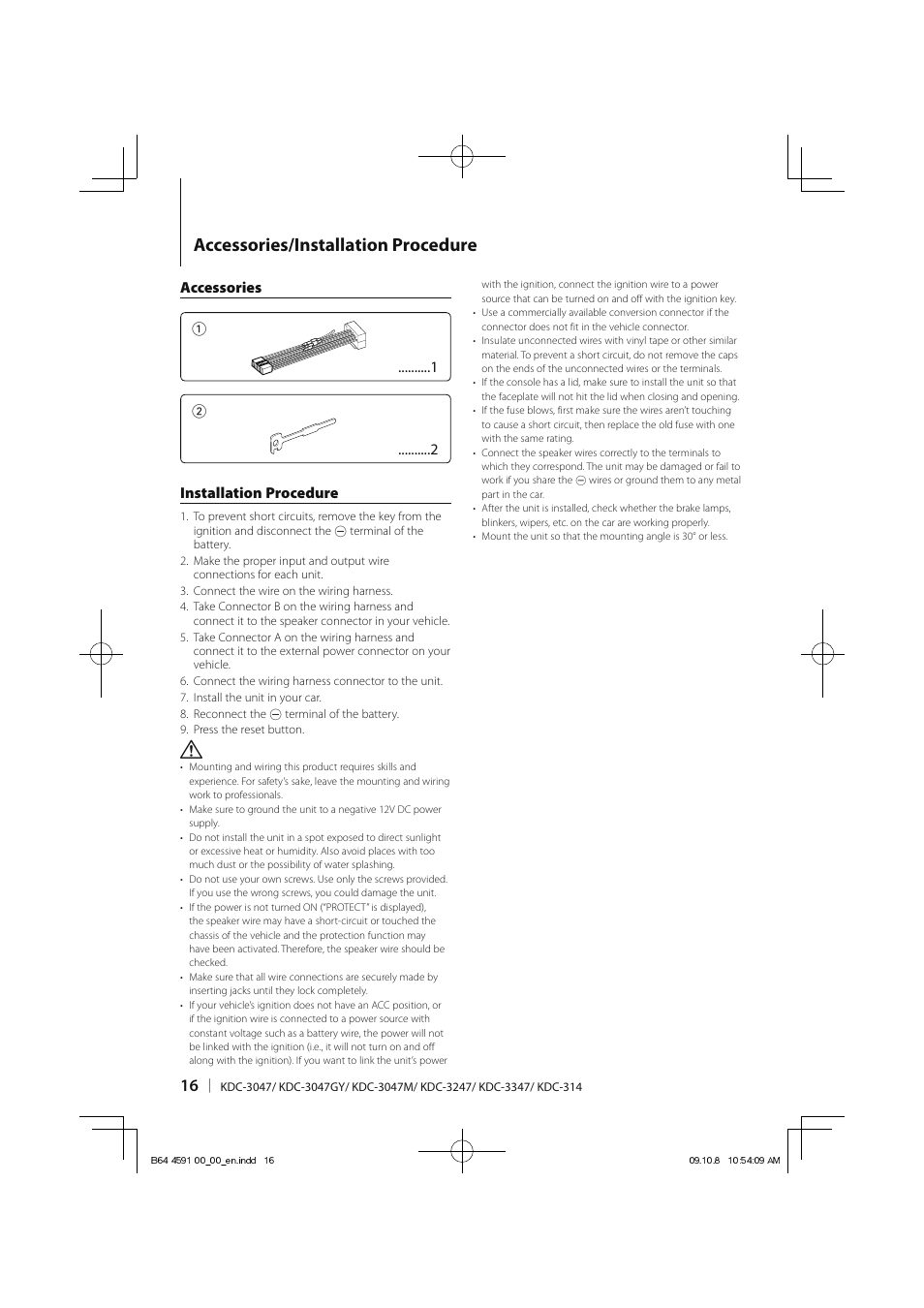 Accessories/installation procedure, Accessories 1 2 installation procedure | Kenwood KDC-314AM User Manual | Page 16 / 24