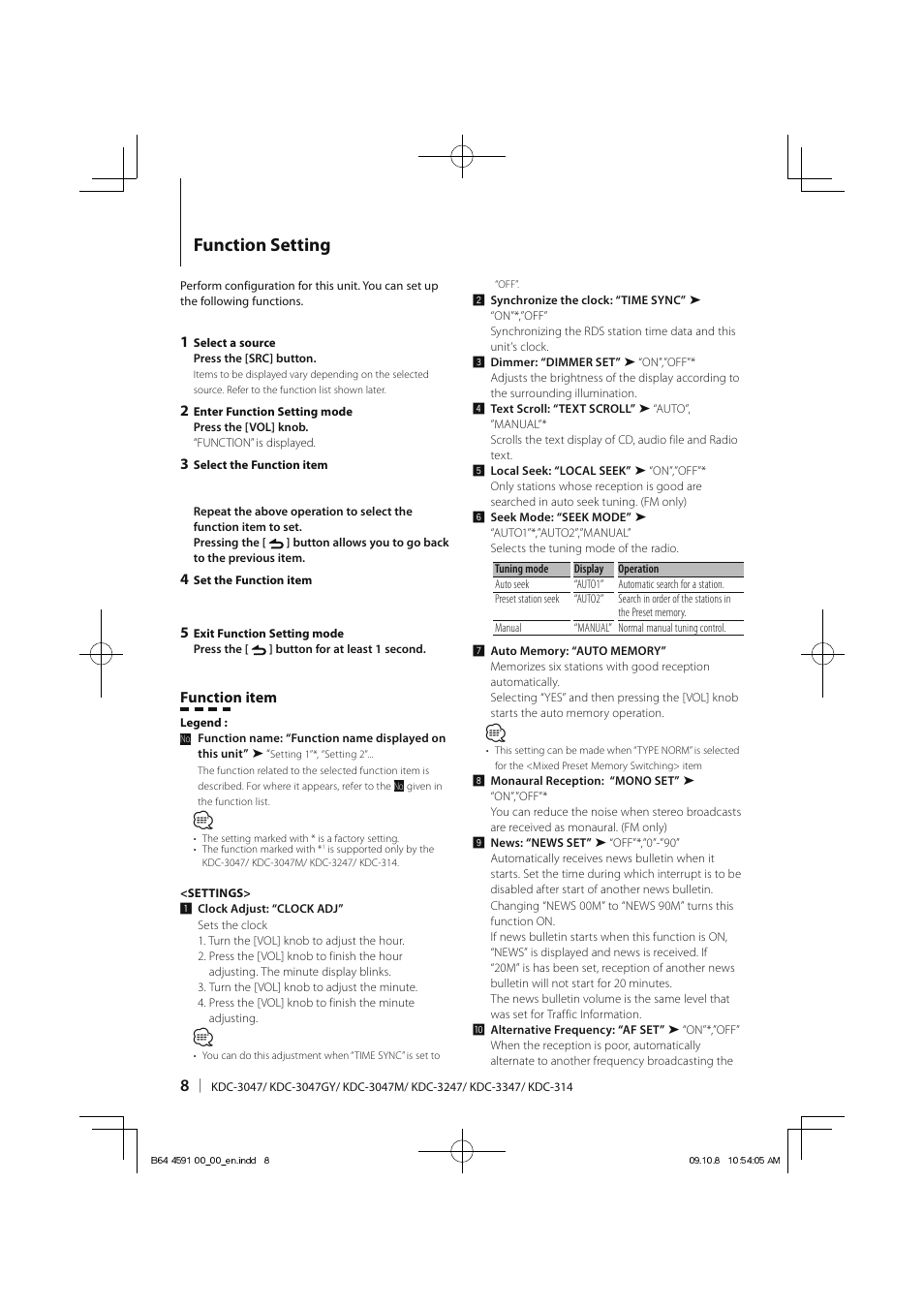 Function setting, Function item | Kenwood KDC-314AM User Manual | Page 8 / 24