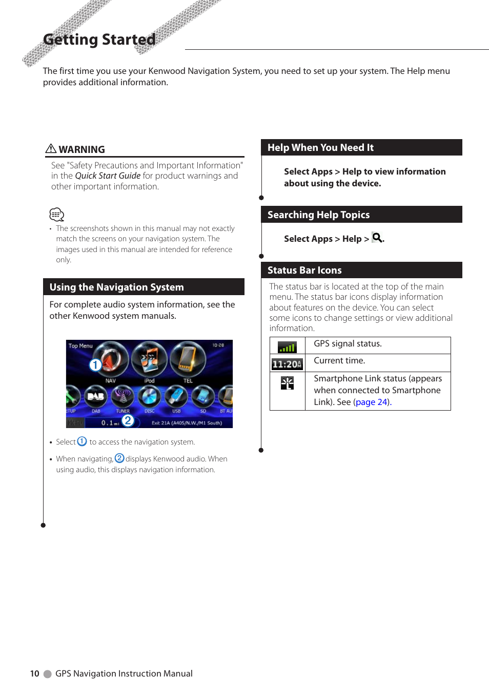 Getting started, Using the navigation system, Help when you need it | Searching help topics, Status bar icons | Kenwood DNX4230BT User Manual | Page 10 / 38