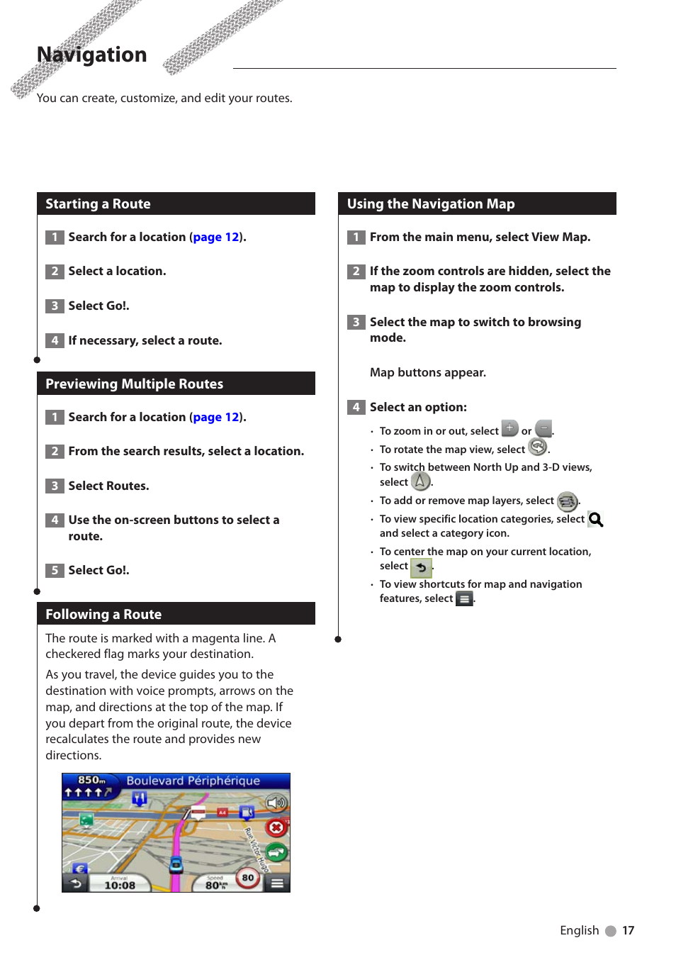 Navigation, Starting a route, Previewing multiple routes | Following a route, Using the navigation map | Kenwood DNX4230BT User Manual | Page 17 / 38