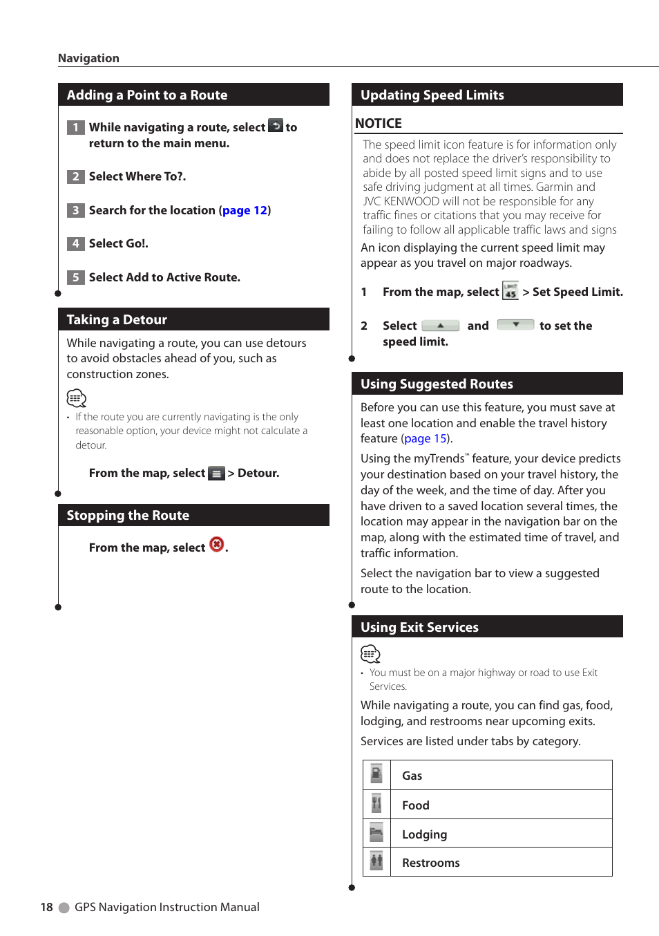 Adding a point to a route, Taking a detour, Stopping the route | Updating speed limits, Using suggested routes, Using exit services | Kenwood DNX4230BT User Manual | Page 18 / 38