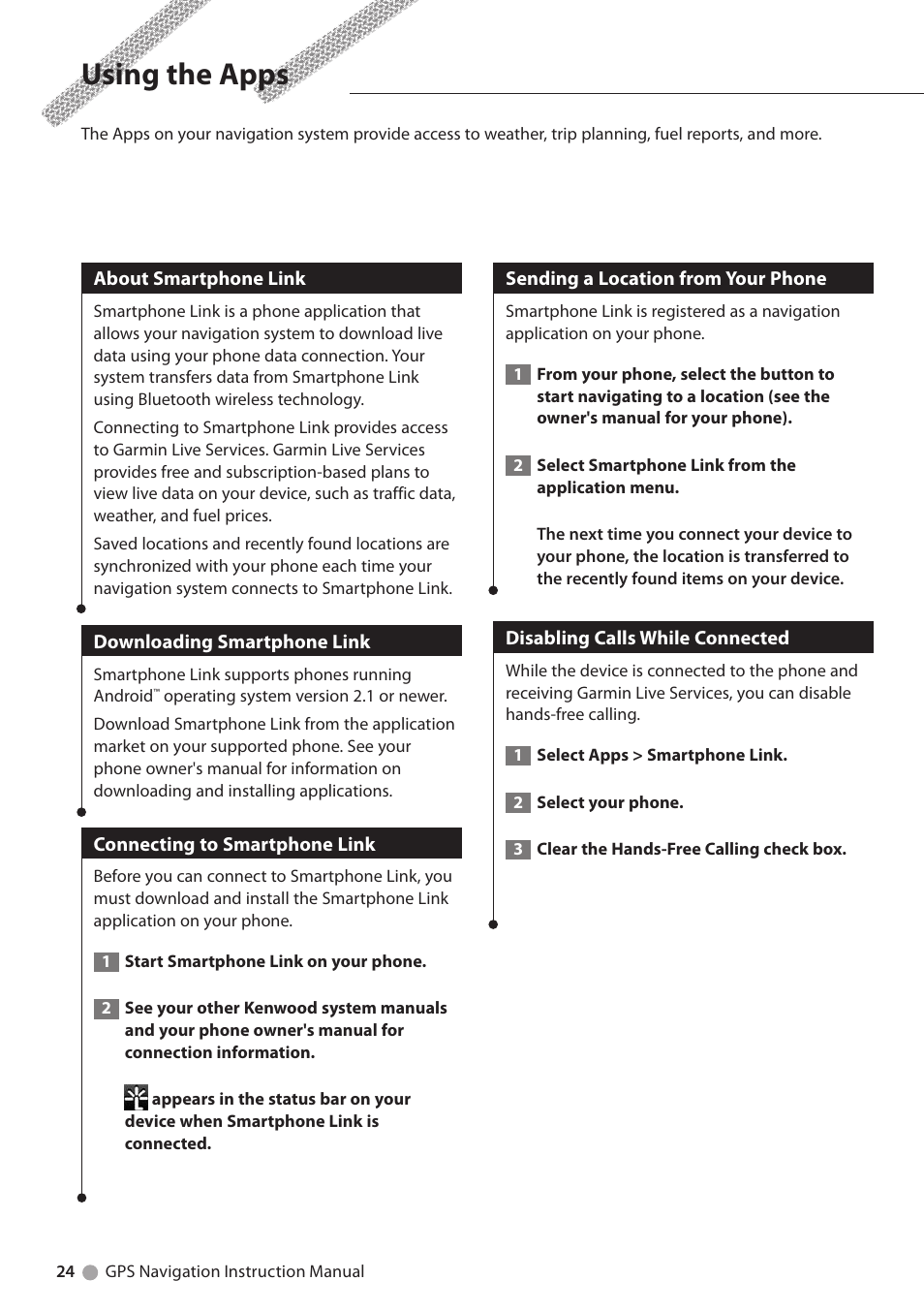 Using the apps, About smartphone link, Downloading smartphone link | Connecting to smartphone link, Sending a location from your phone, Disabling calls while connected | Kenwood DNX4230BT User Manual | Page 24 / 38