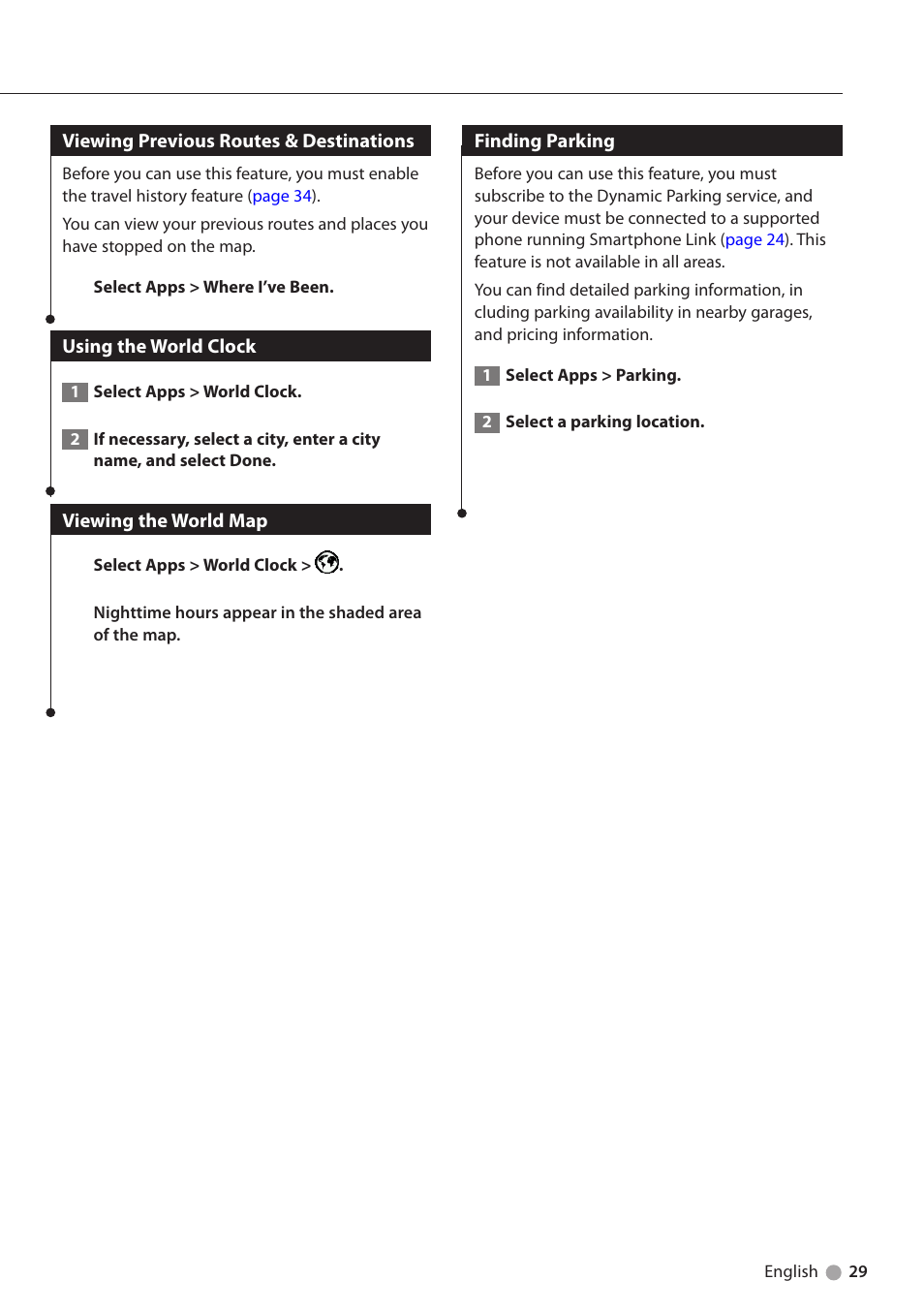 Viewing previous routes & destinations, Using the world clock, Viewing the world map | Finding parking | Kenwood DNX4230BT User Manual | Page 29 / 38