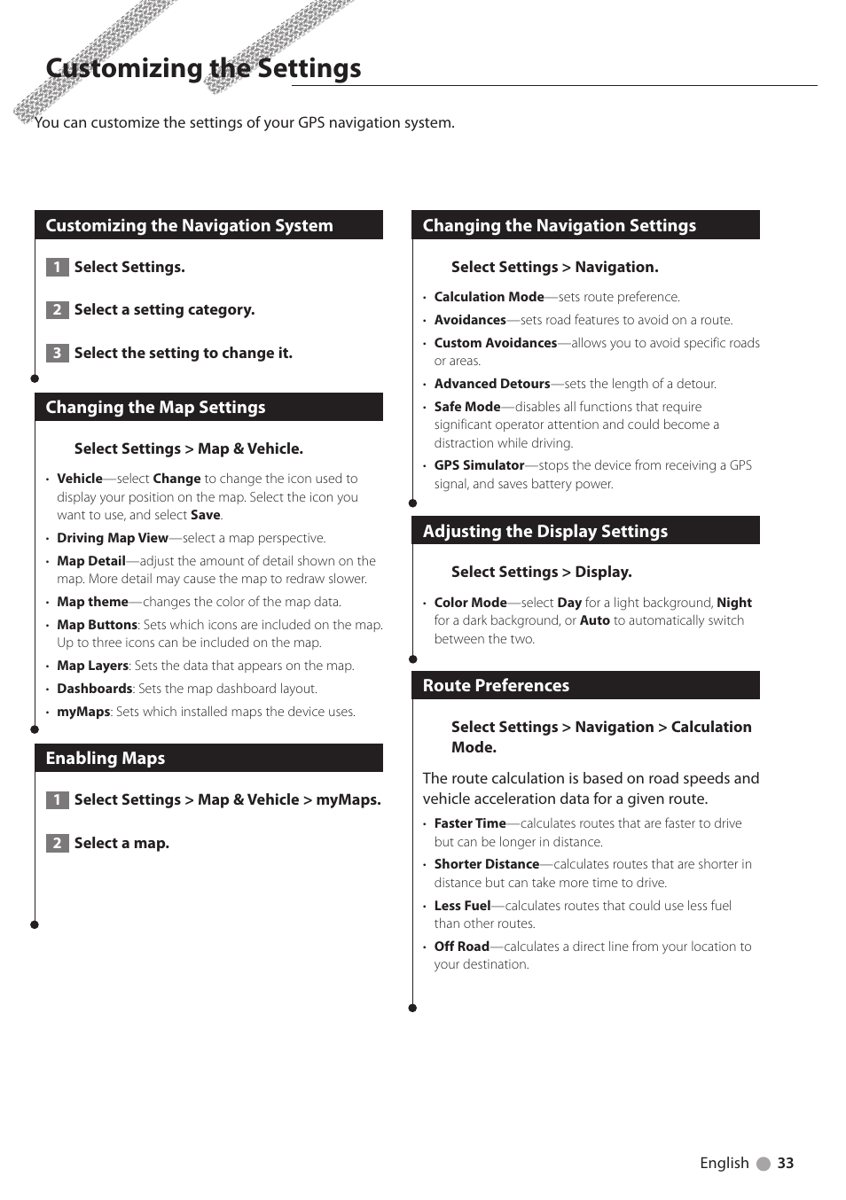 Customizing the settings, Customizing the navigation system, Changing the map settings | Enabling maps, Changing the navigation settings, Adjusting the display settings, Route preferences | Kenwood DNX4230BT User Manual | Page 33 / 38