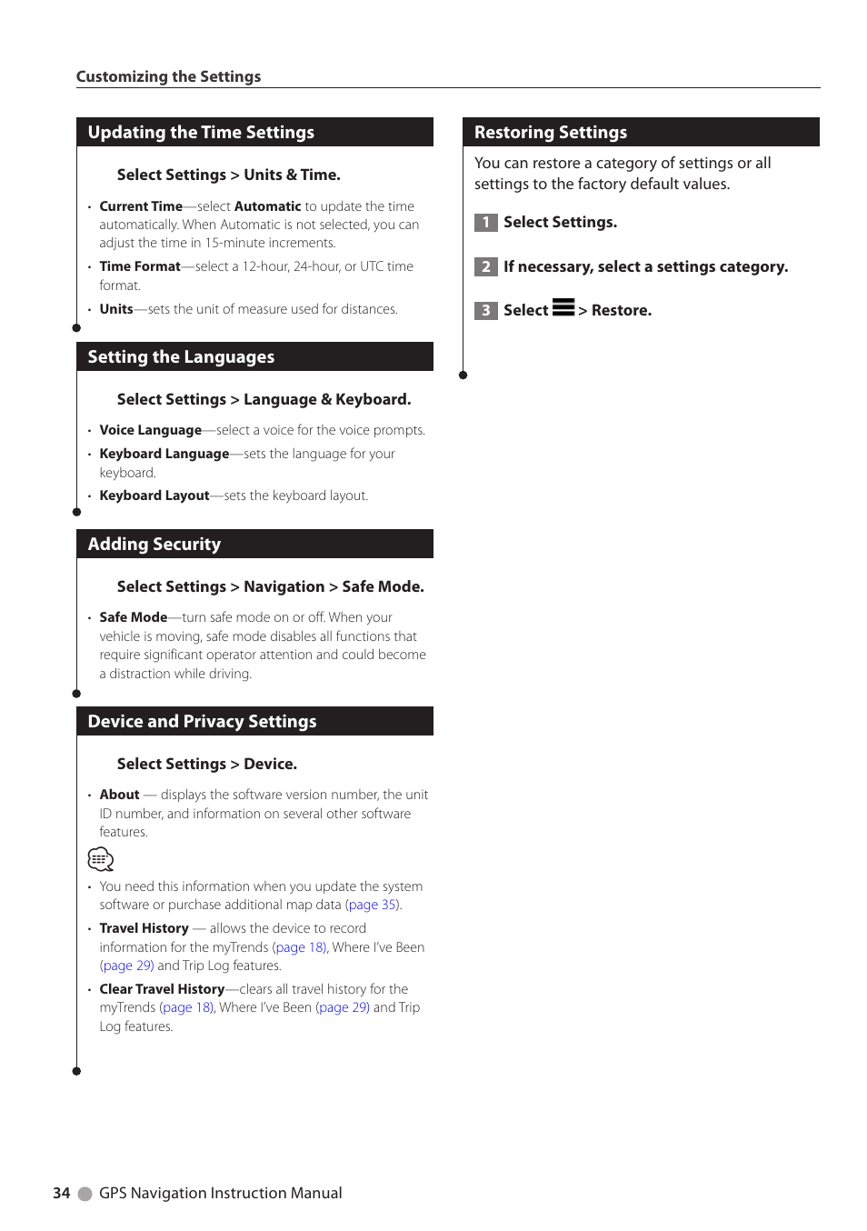 Updating the time settings, Setting the languages, Adding security | Device and privacy settings, Restoring settings | Kenwood DNX4230BT User Manual | Page 34 / 38