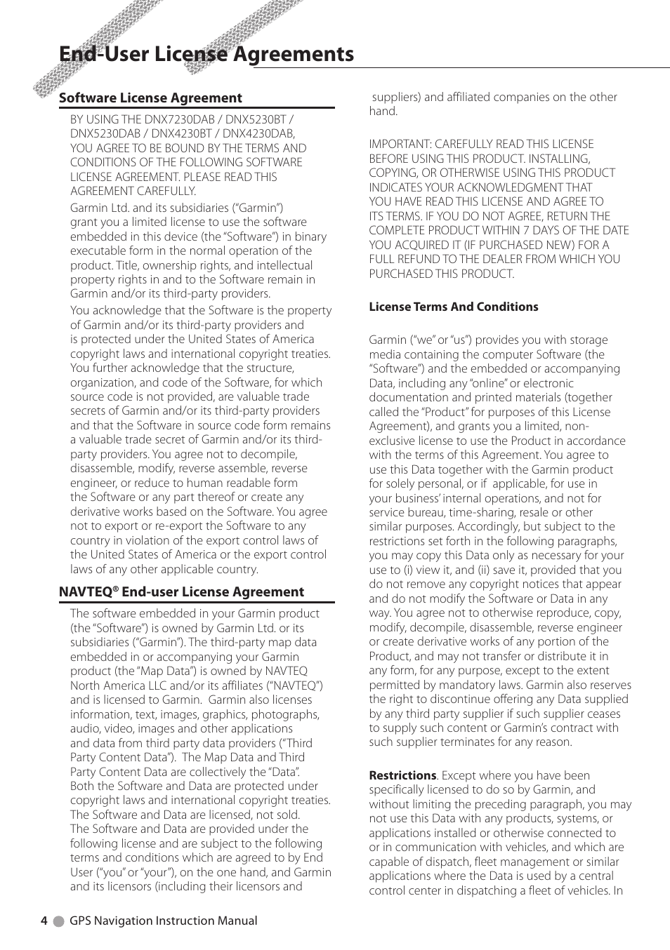 End-user license agreements | Kenwood DNX4230BT User Manual | Page 4 / 38