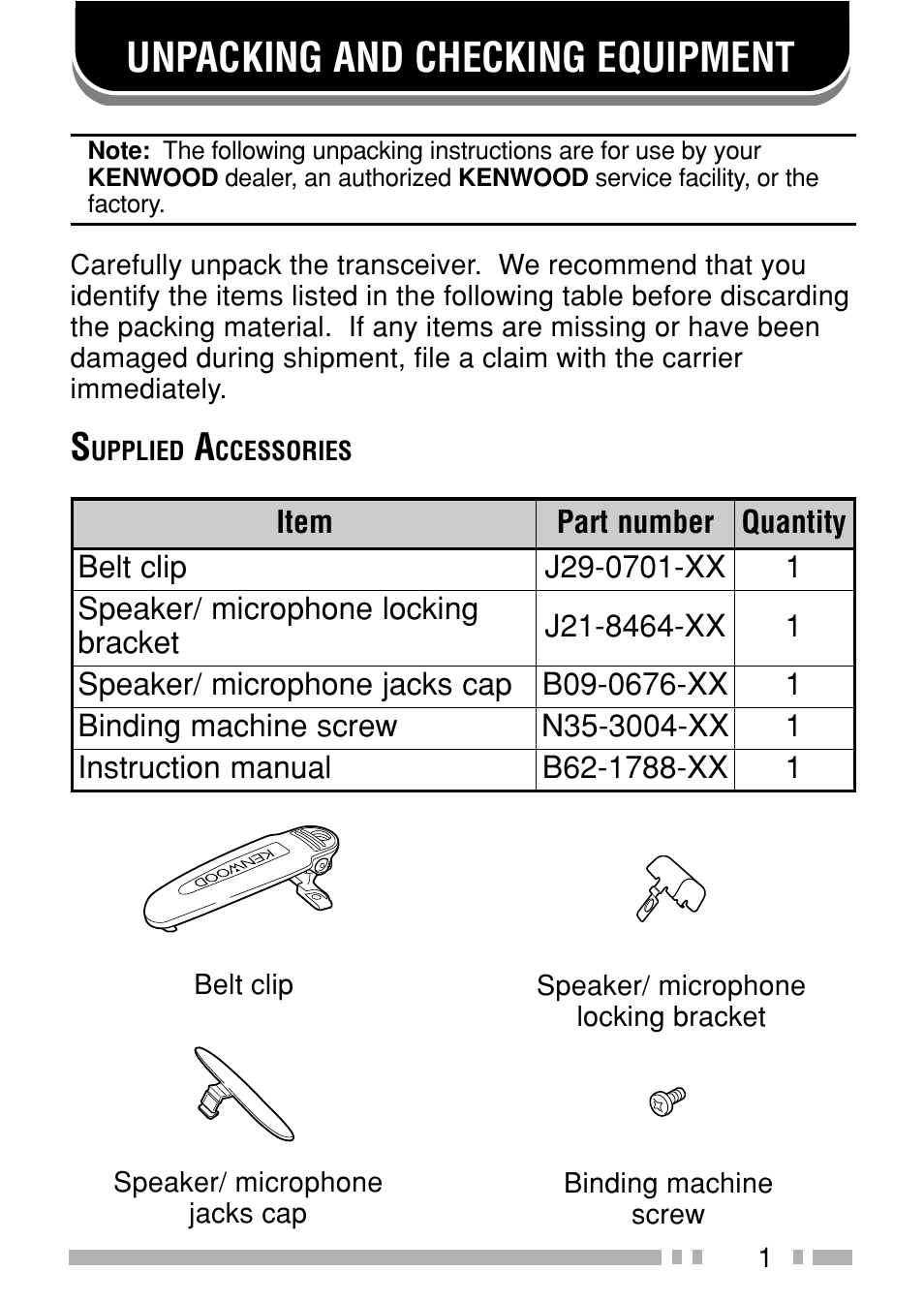 Unpacking and checking equipment | Kenwood TK-3160E3 - Discontinued User Manual | Page 8 / 36