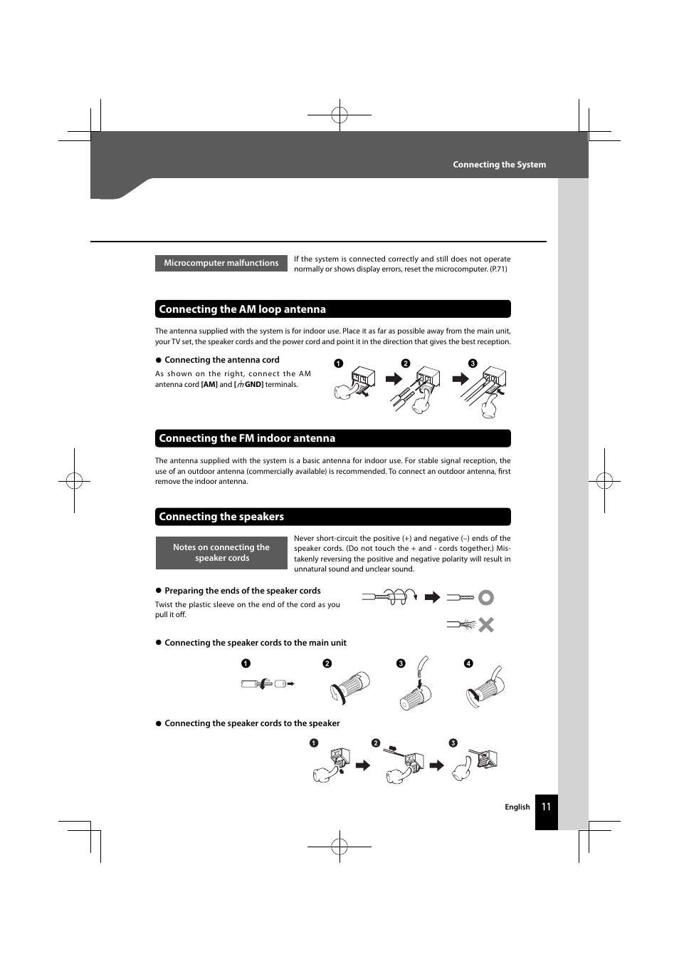 Connecting the fm indoor antenna, Connecting the speakers, Connecting the am loop antenna | Kenwood K-521-B User Manual | Page 11 / 76