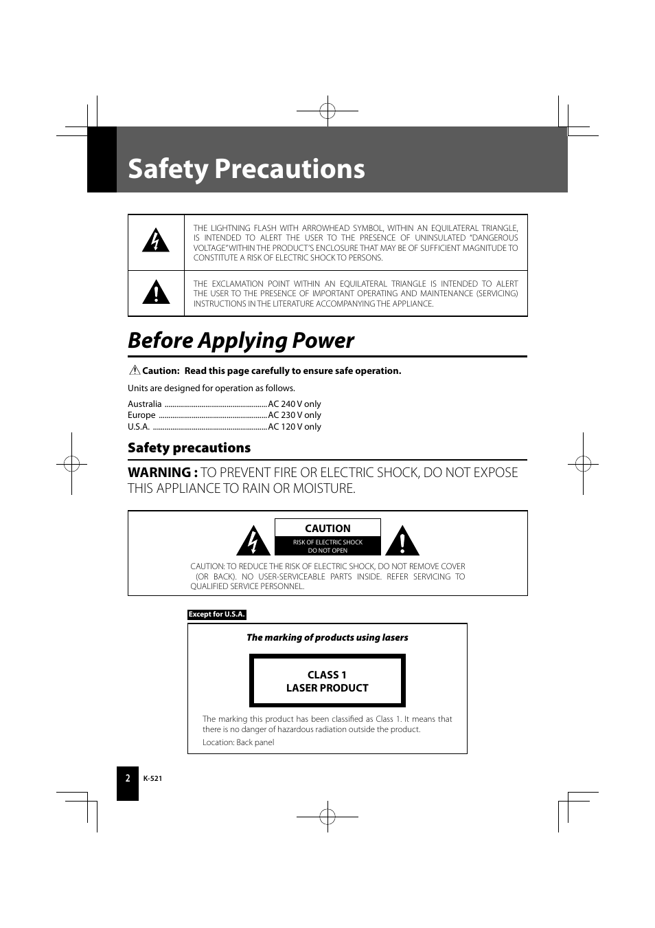 Safety precautions, Before applying power | Kenwood K-521-B User Manual | Page 2 / 76