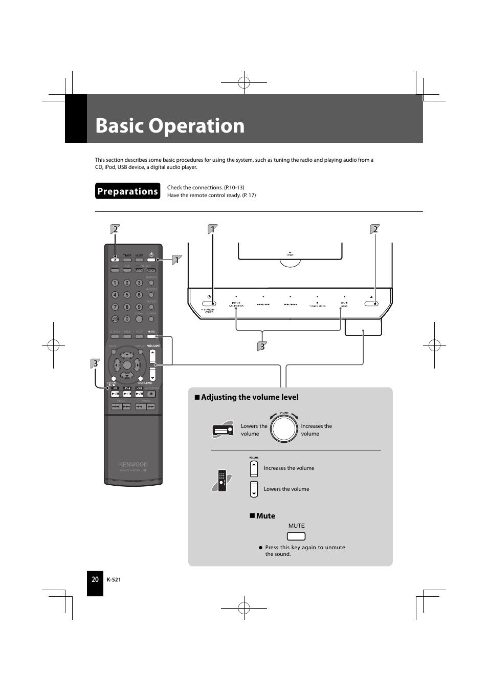 Basic operation, Preparations | Kenwood K-521-B User Manual | Page 20 / 76