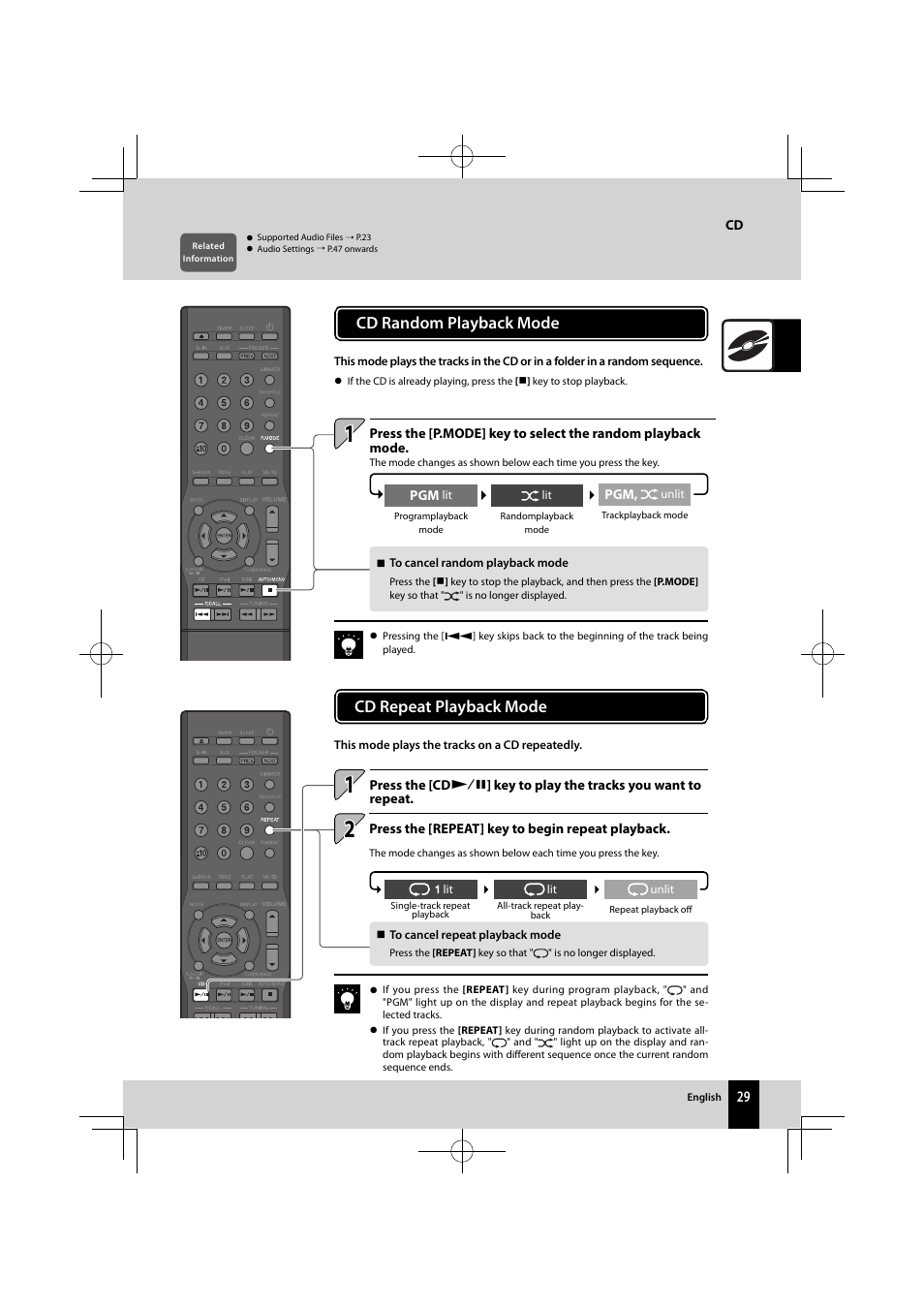 Cd repeat playback mode, Cd random playback mode | Kenwood K-521-B User Manual | Page 29 / 76