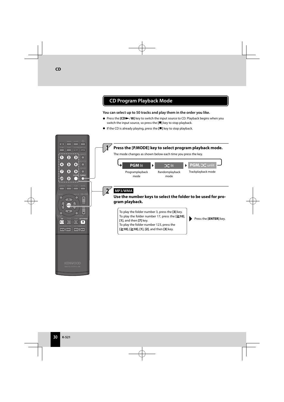 Cd program playback mode | Kenwood K-521-B User Manual | Page 30 / 76