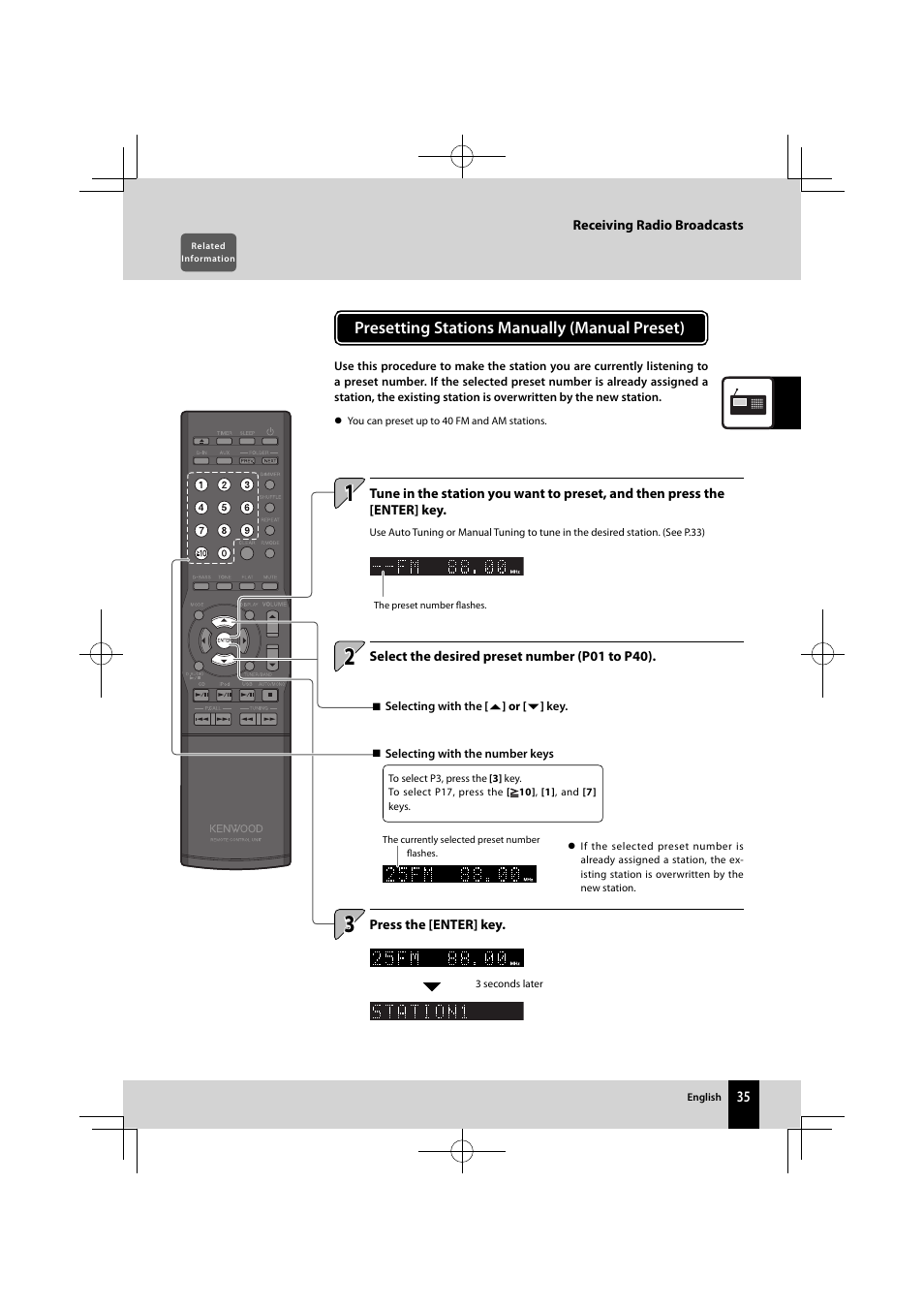 Presetting stations manually (manual preset) | Kenwood K-521-B User Manual | Page 35 / 76