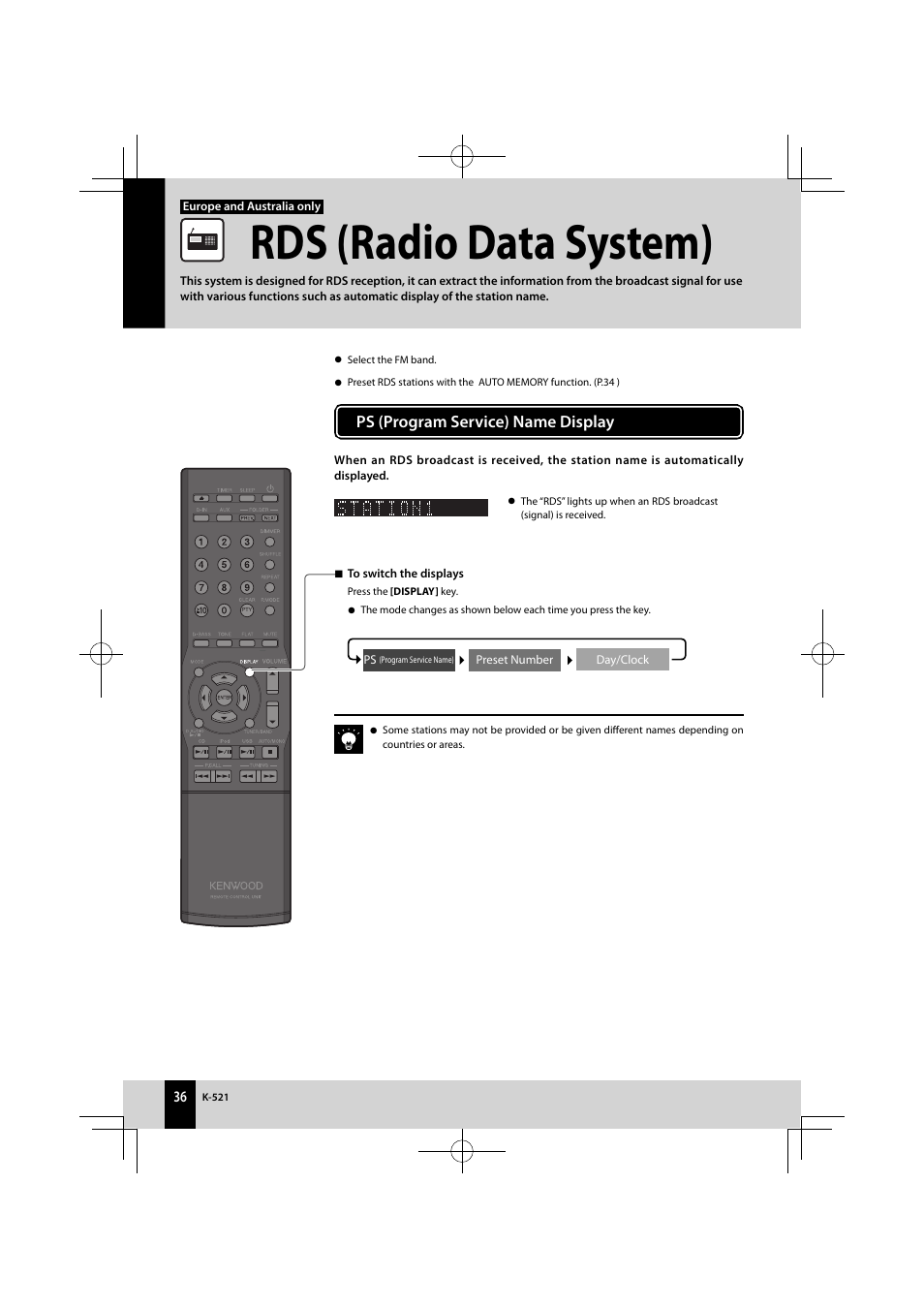 Rds (radio data system), Ps (program service) name display | Kenwood K-521-B User Manual | Page 36 / 76