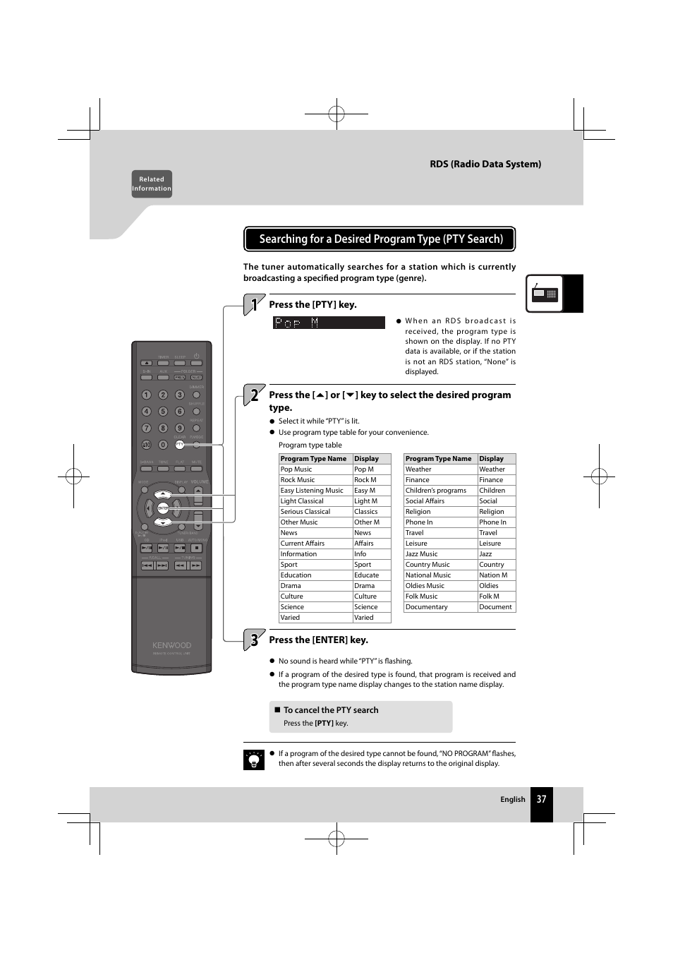 Searching for a desired program type (pty search) | Kenwood K-521-B User Manual | Page 37 / 76