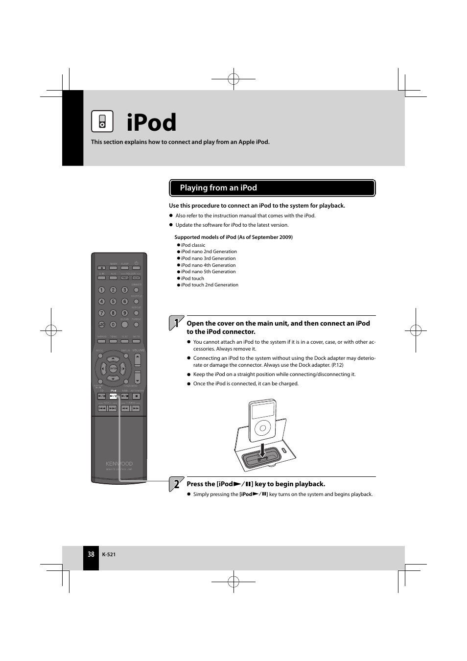 Ipod, Playing from an ipod | Kenwood K-521-B User Manual | Page 38 / 76