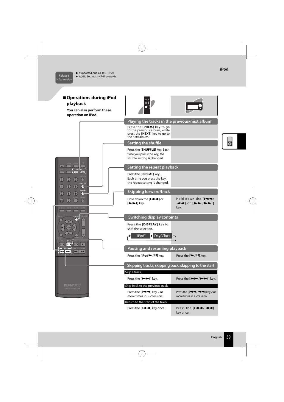 Operations during ipod  playback | Kenwood K-521-B User Manual | Page 39 / 76