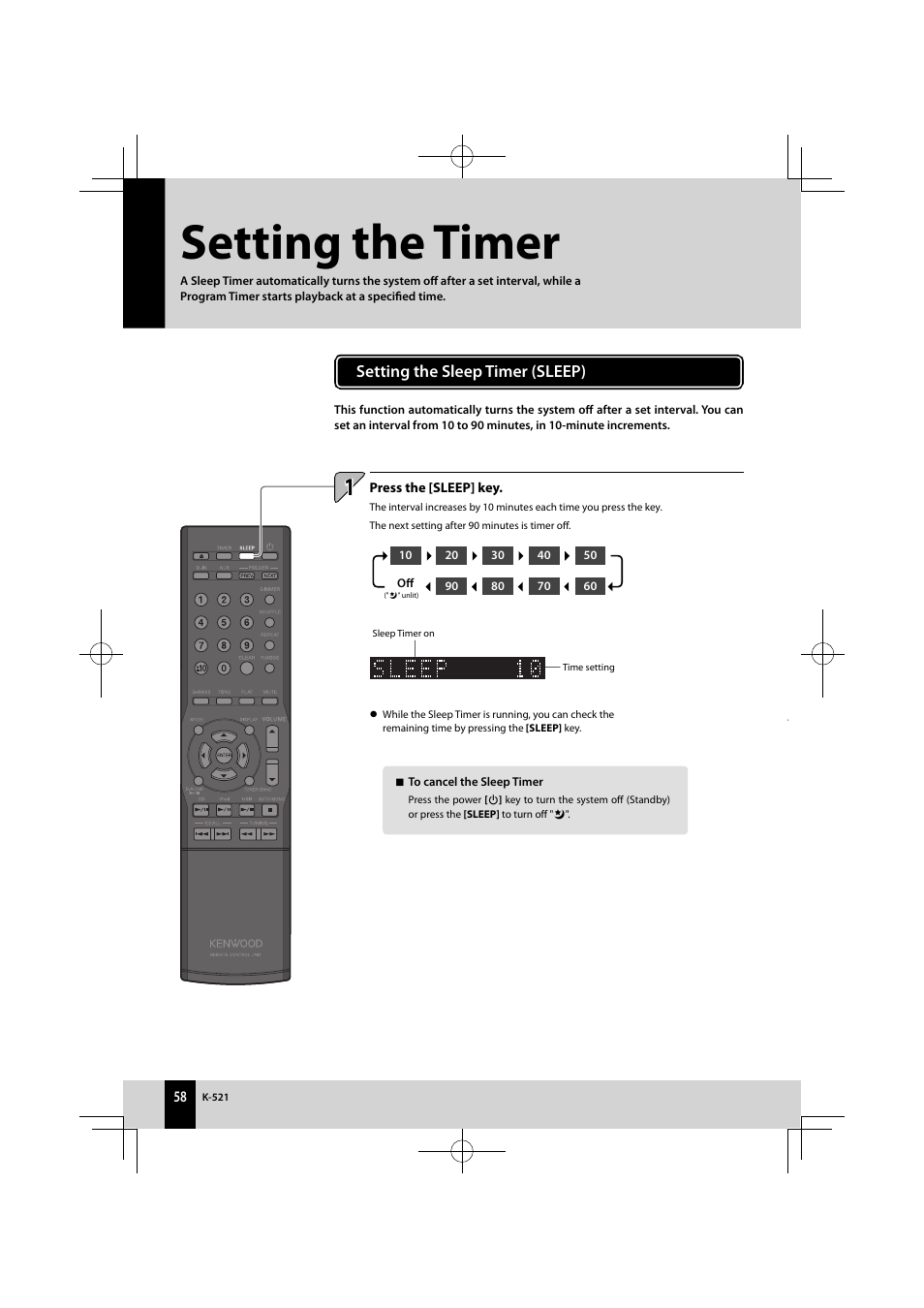 Setting the timer, Setting the sleep timer (sleep) | Kenwood K-521-B User Manual | Page 58 / 76