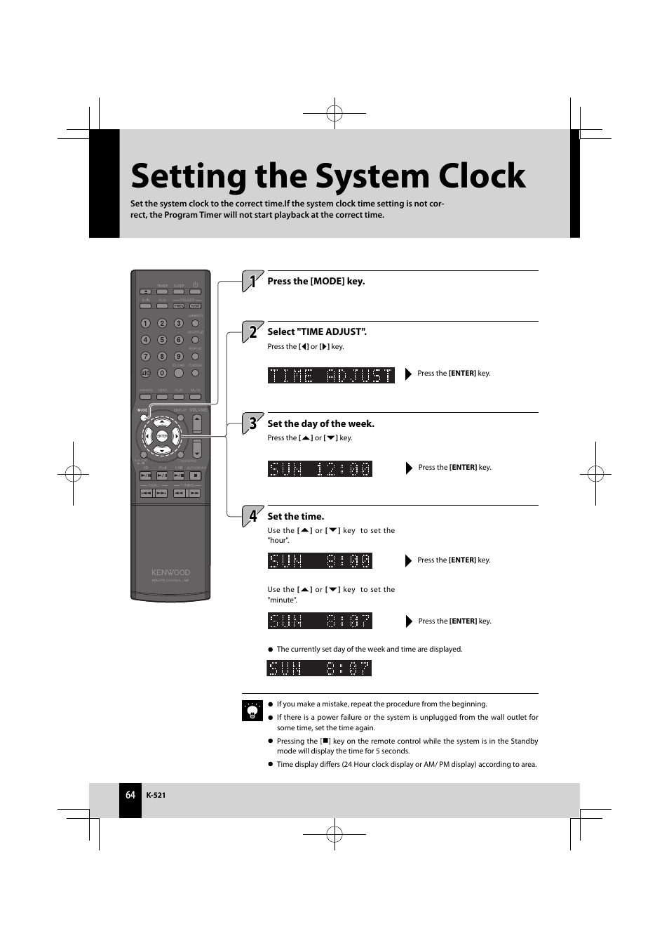 Setting the system clock | Kenwood K-521-B User Manual | Page 64 / 76