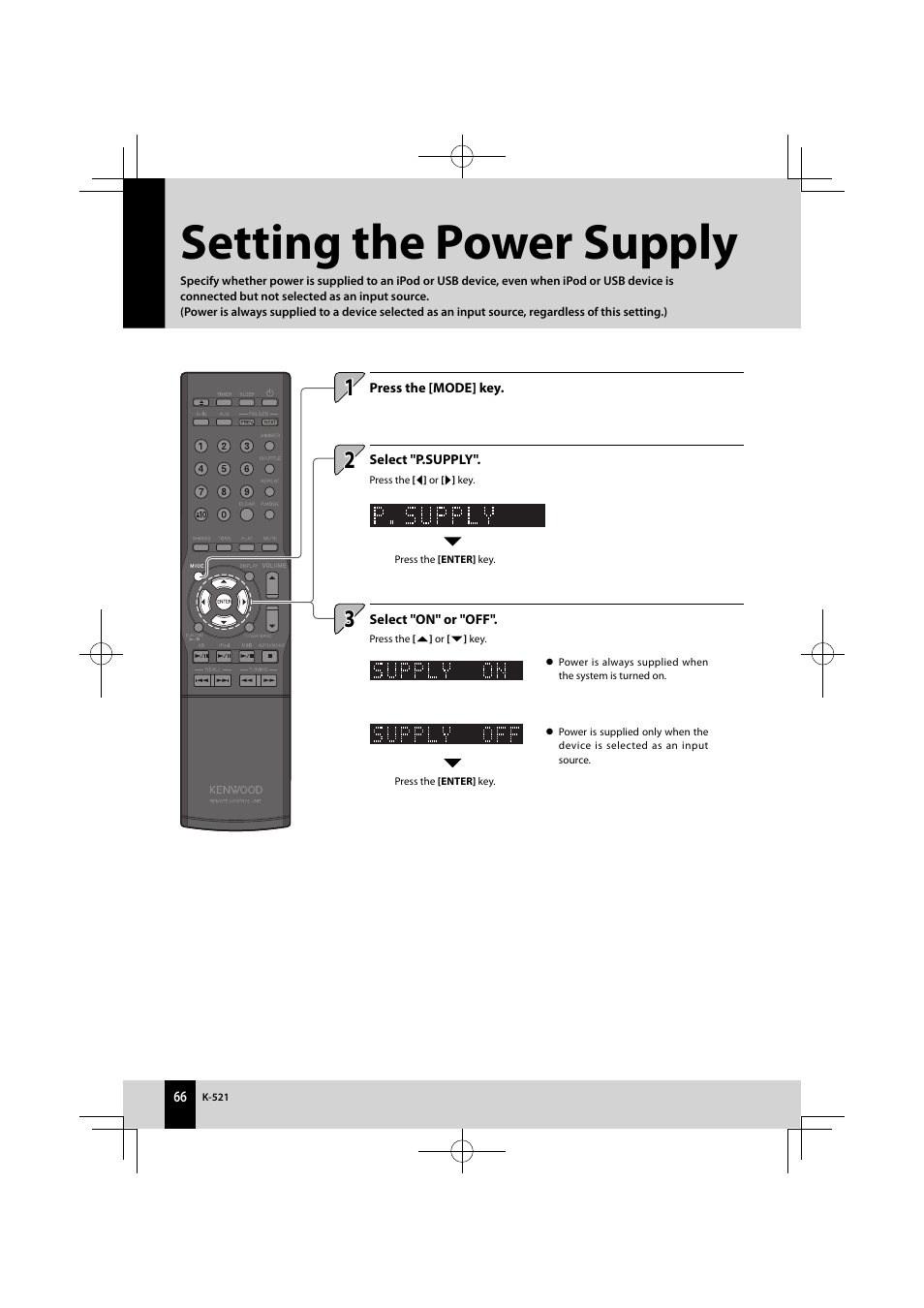 Setting the power supply | Kenwood K-521-B User Manual | Page 66 / 76