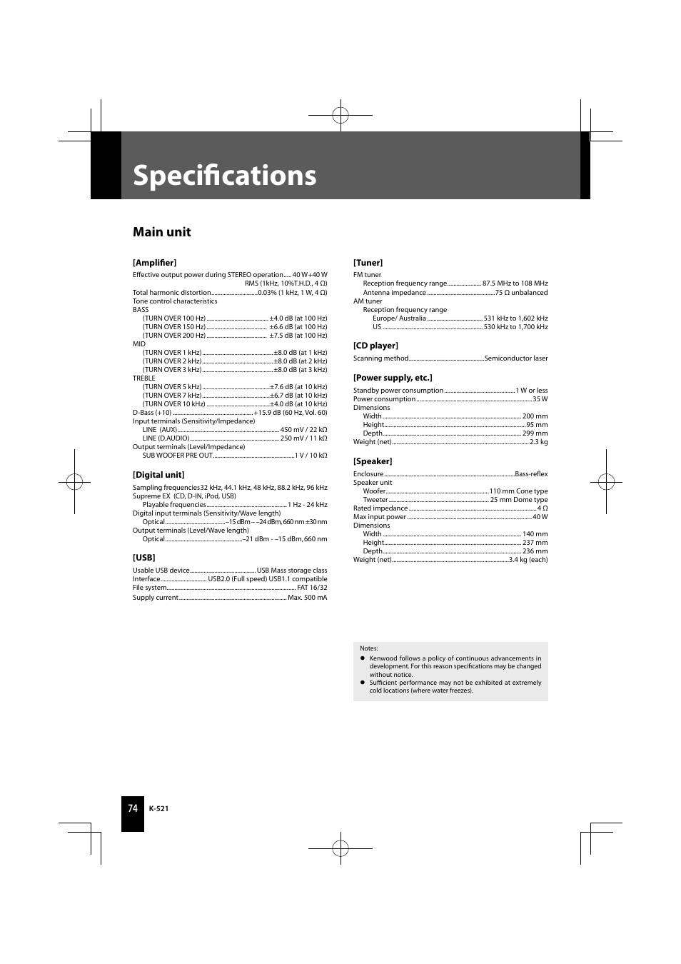 Speciﬁ cations, Main unit | Kenwood K-521-B User Manual | Page 74 / 76