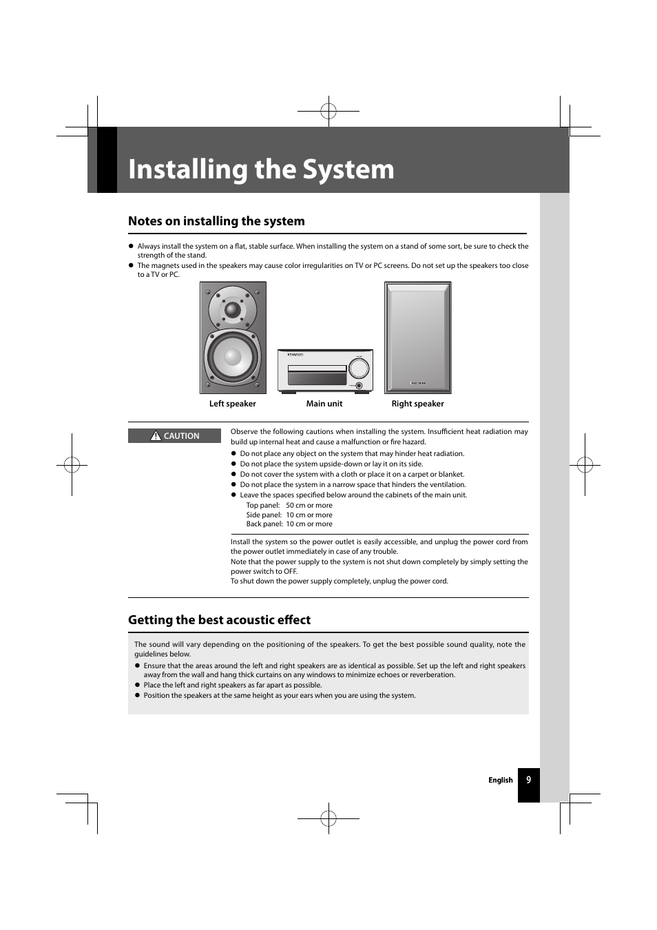 Installing the system, Getting the best acoustic eﬀ ect | Kenwood K-521-B User Manual | Page 9 / 76