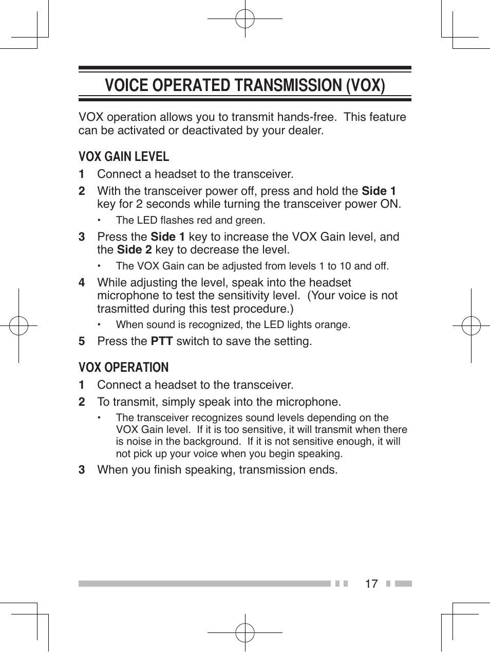 Voice operated transmission (vox) | Kenwood TK-2360E User Manual | Page 25 / 28