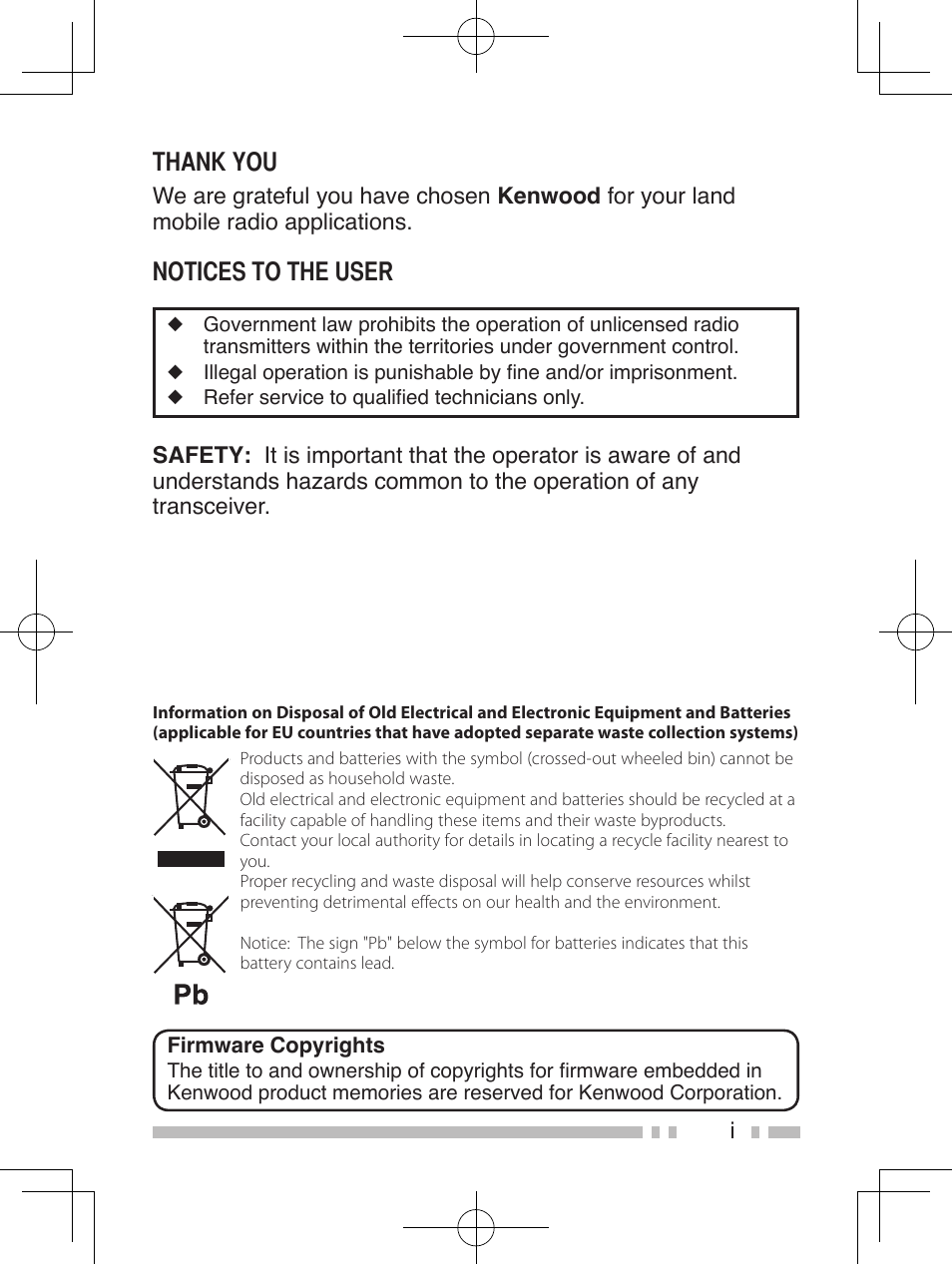 Notices to the user | Kenwood TK-2360E User Manual | Page 3 / 28