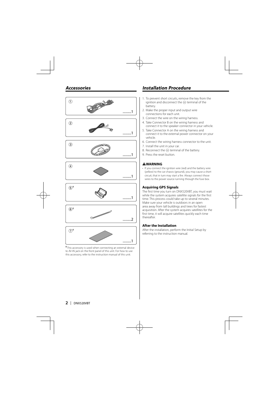 Installation procedure, Accessories | Kenwood DNX520VBT User Manual | Page 2 / 9