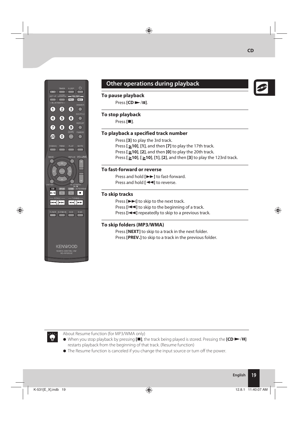 Other operations during playback | Kenwood K-531-SB User Manual | Page 19 / 48