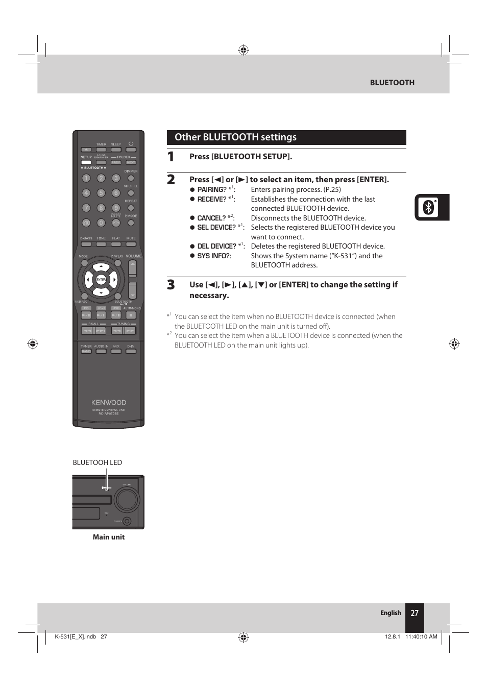 Other bluetooth settings | Kenwood K-531-SB User Manual | Page 27 / 48