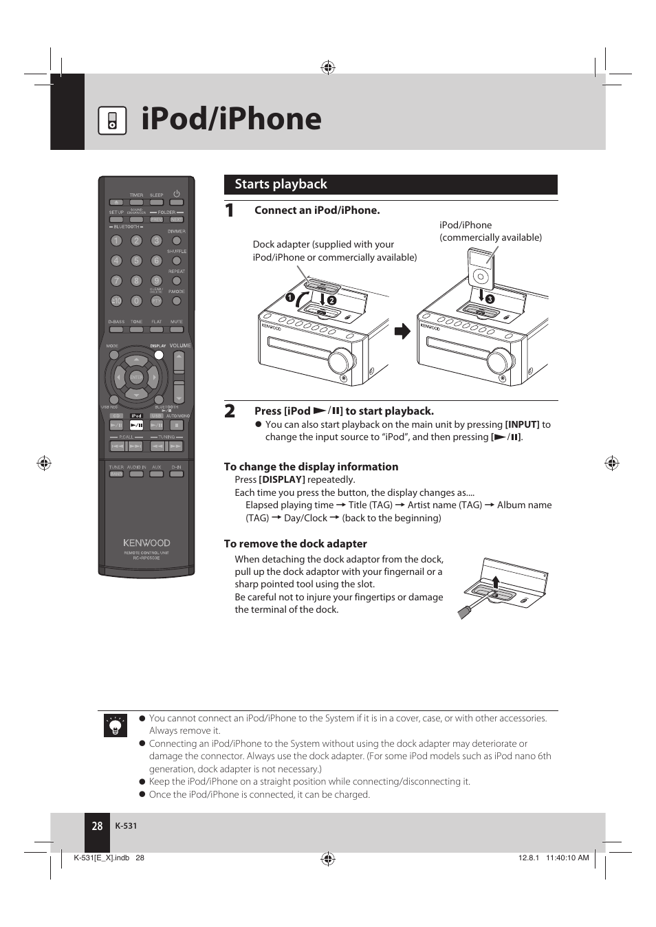 Ipod/iphone, Starts playback | Kenwood K-531-SB User Manual | Page 28 / 48