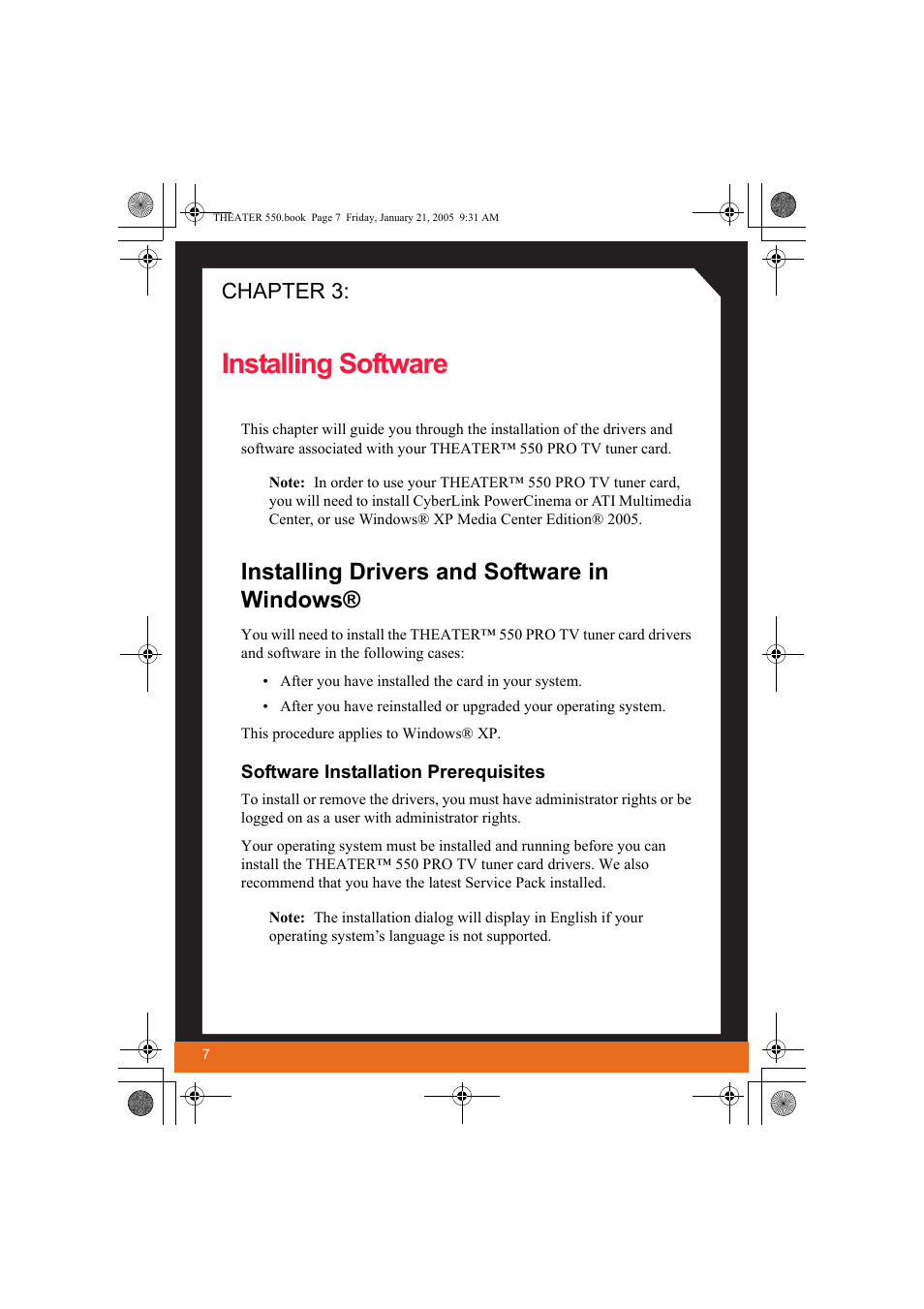 Installing software, Installing drivers and software in windows, Chapter 3 | ATI Technologies THEATER 550 User Manual | Page 12 / 23