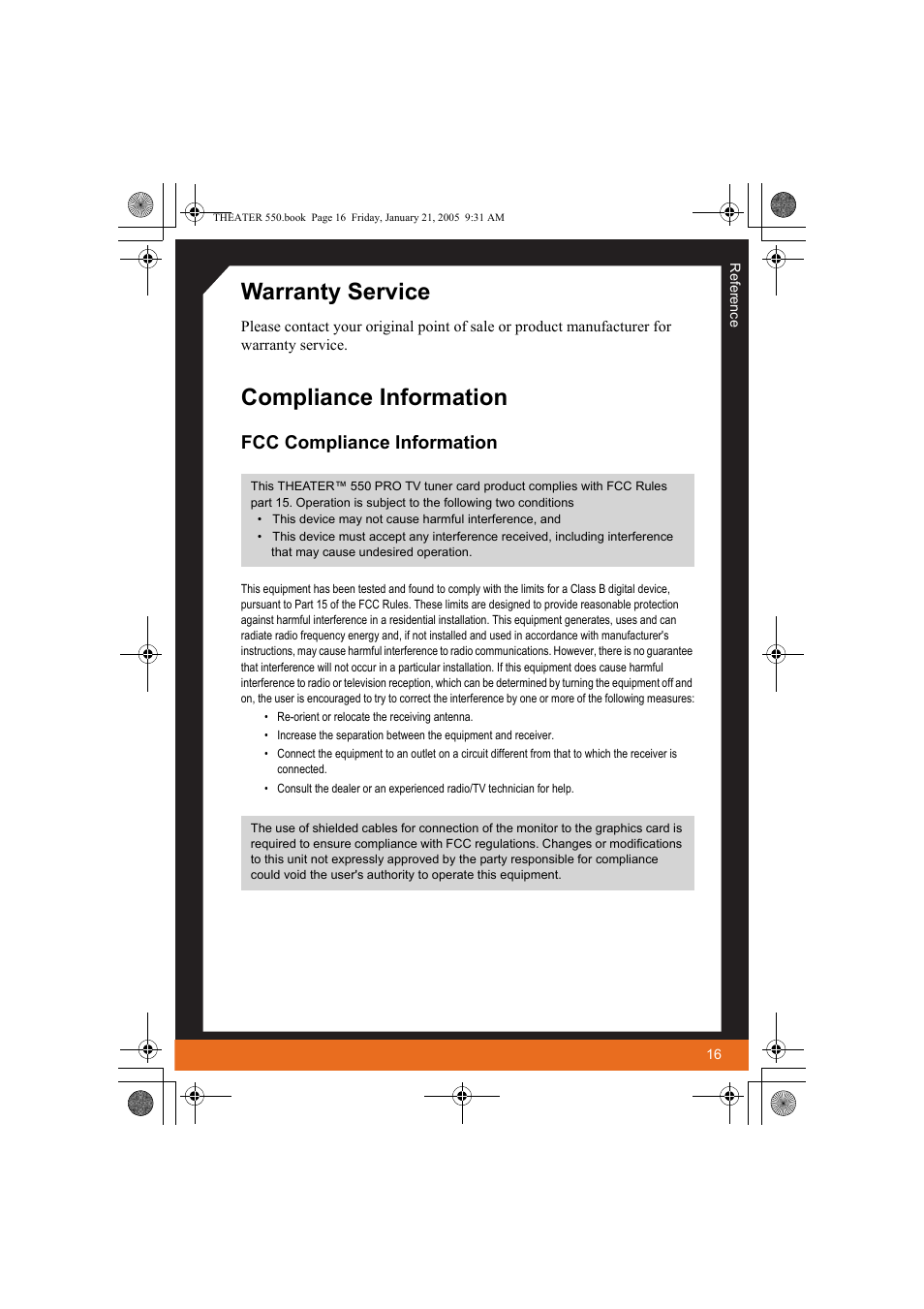 Warranty service, Compliance information, Fcc compliance information | ATI Technologies THEATER 550 User Manual | Page 21 / 23