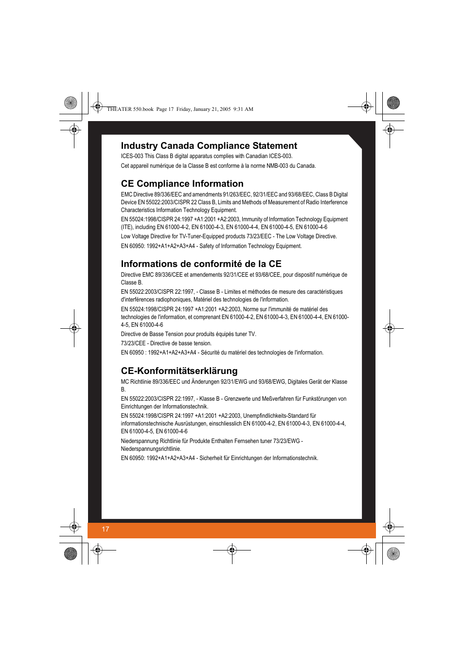 Industry canada compliance statement, Ce compliance information, Informations de conformité de la ce | Ce-konformitätserklärung | ATI Technologies THEATER 550 User Manual | Page 22 / 23