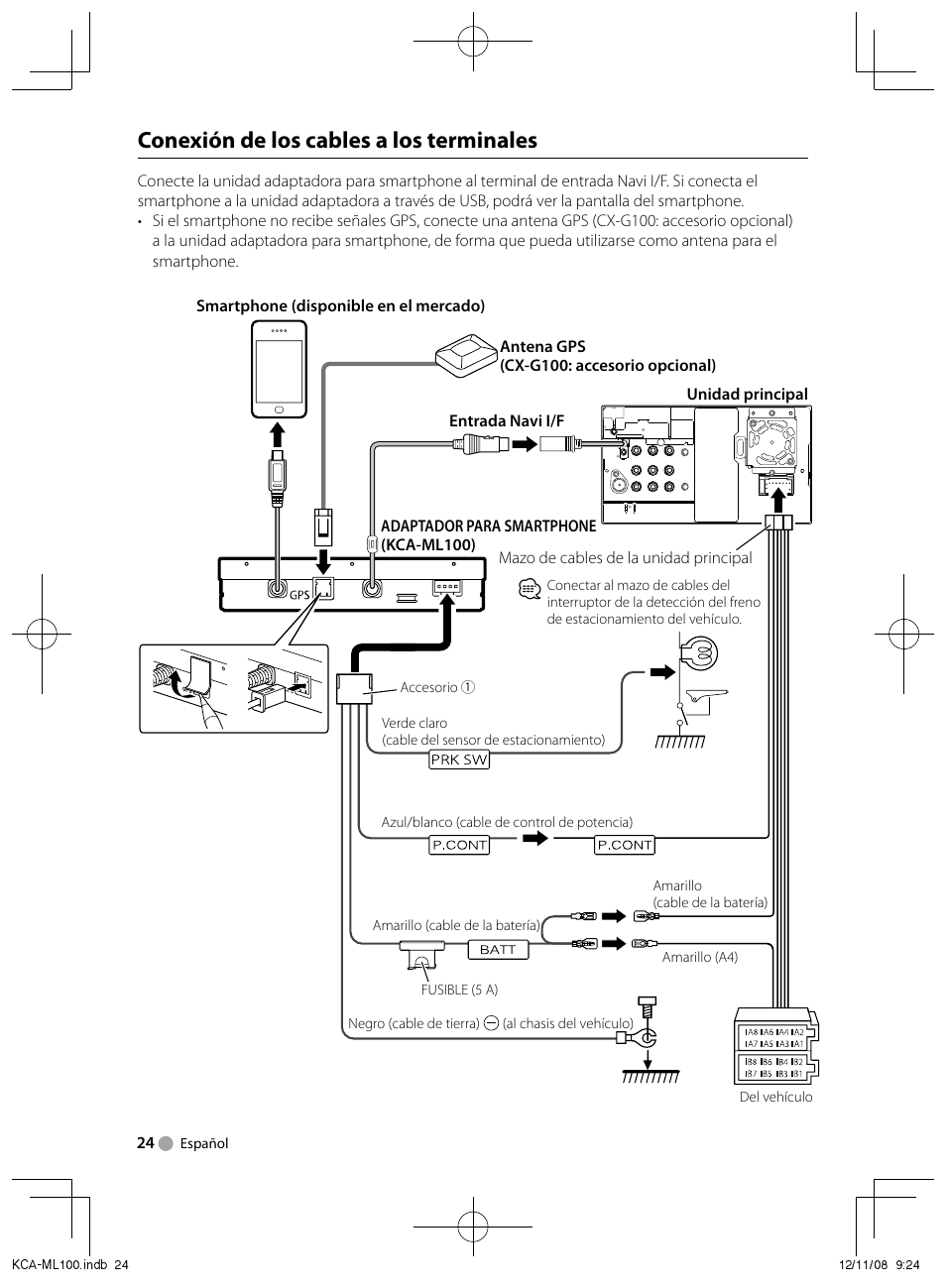 Conexión de los cables a los terminales | Kenwood KCA-ML100 User Manual | Page 4 / 5