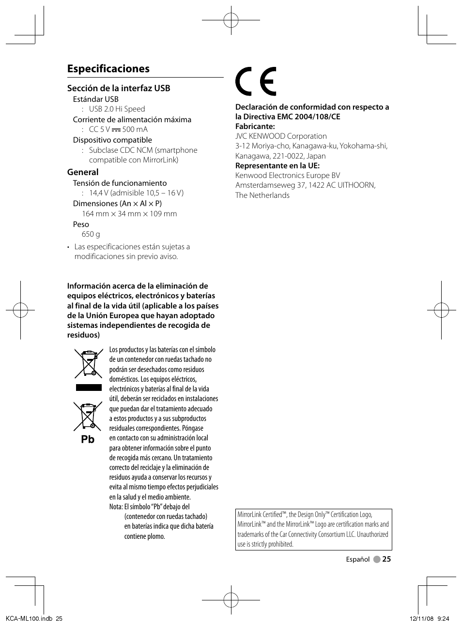 Especificaciones | Kenwood KCA-ML100 User Manual | Page 5 / 5