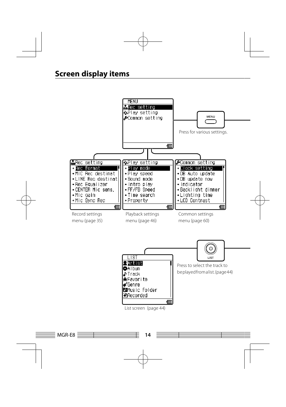 Screen display items | Kenwood MGR-E8-B User Manual | Page 14 / 84