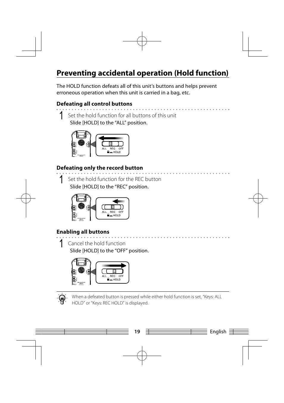 Preventing accidental operation (hold function) | Kenwood MGR-E8-B User Manual | Page 19 / 84