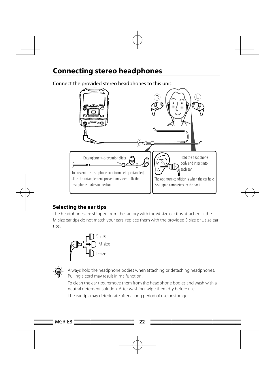 Connecting stereo headphones | Kenwood MGR-E8-B User Manual | Page 22 / 84