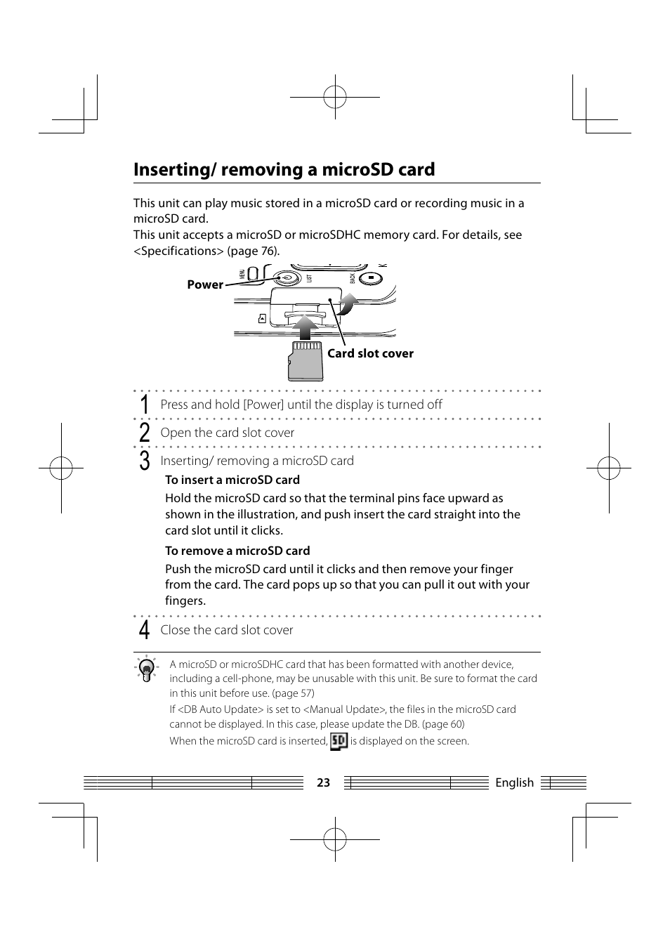 Inserting/ removing a microsd card | Kenwood MGR-E8-B User Manual | Page 23 / 84