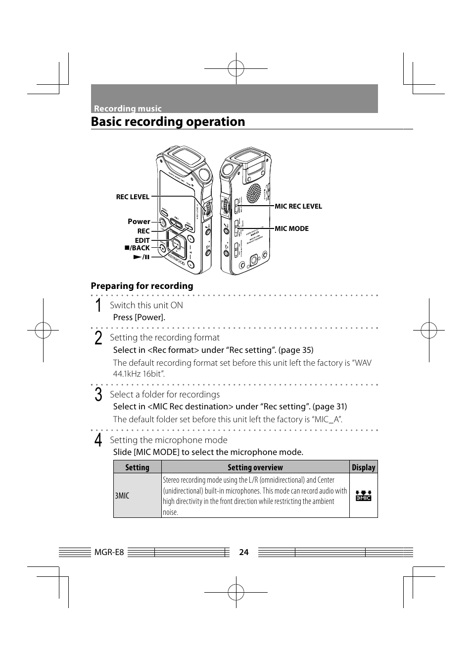 Basic recording operation | Kenwood MGR-E8-B User Manual | Page 24 / 84